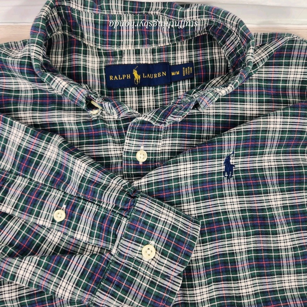 Ralph Lauren Shirt Mens Med‎ Green Blue Plaid Classic Fit Button Down Pony Logo